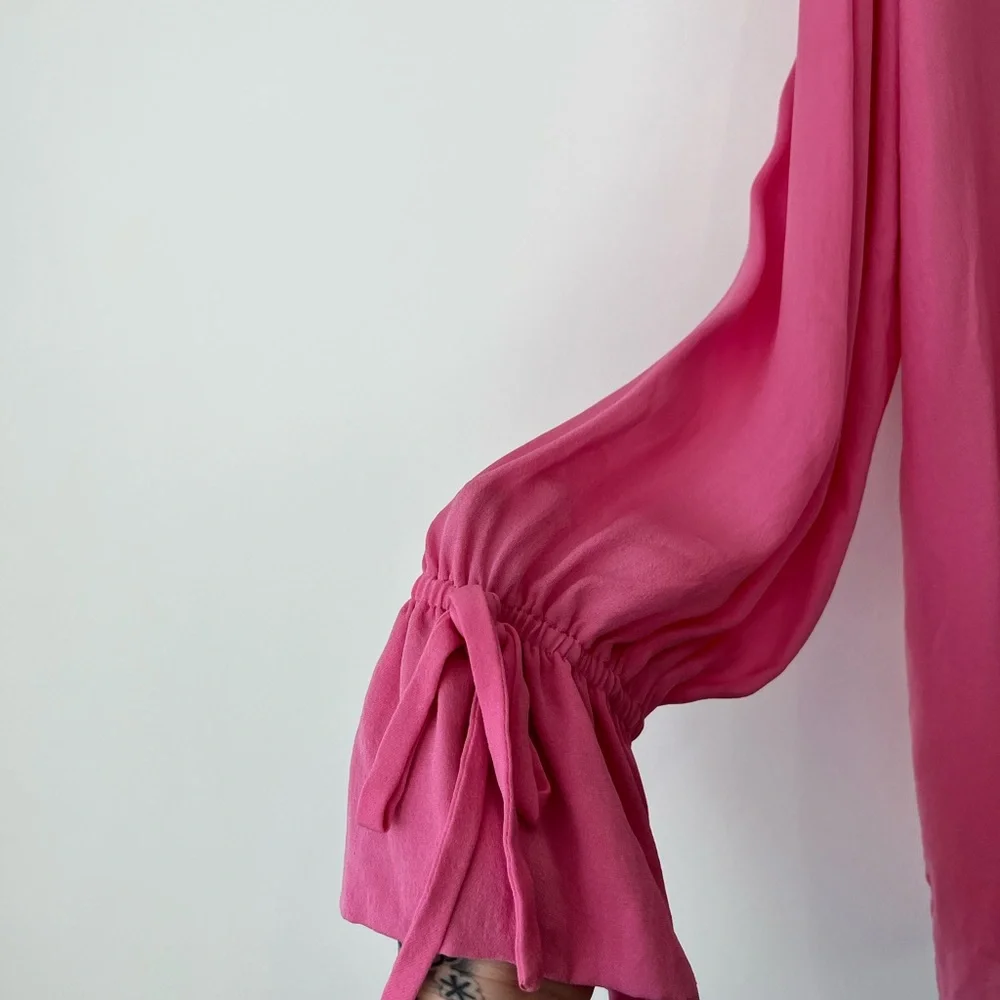 Etro Pink 100% Silk Ruffled Neckline Oversized Button Up Tie Blouse UK L - Picture 10 of 15